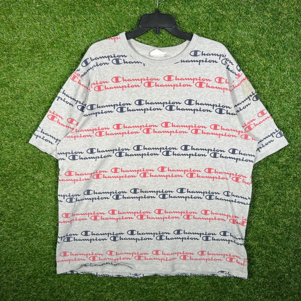 Champion Heritage All Over Print Logo T-Shirt Mens 2XL Gray Script Heavy Cotton